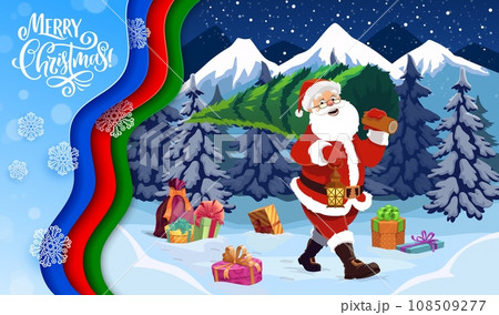 Christmas paper cut banner with Santa, pine tree and Xmas presents on snow. Vector winter holiday forest landscape, double exposition Santa Claus cartoon character, Christmas tree, gift and snowflakes 108509277
