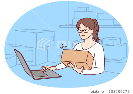 Woman working on laptop at warehouse Woman working on laptop at warehouse 108509278