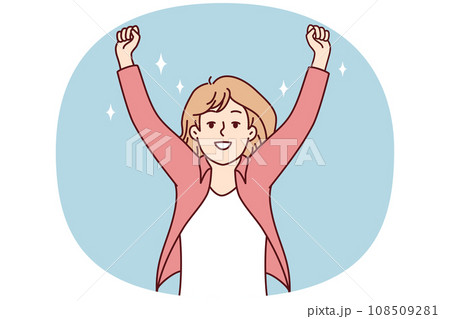 Smiling woman raise hands celebrate win 108509281