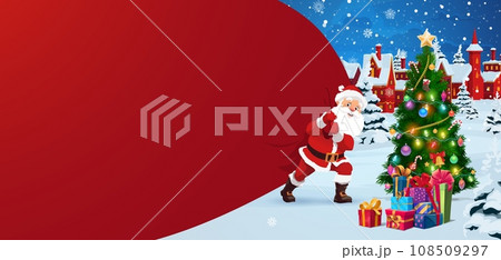 Christmas santa with big bag of presents, winter town landscape. Cartoon vector Father Noel with red sack frame in snowy countryside. Xmas greeting card template with funny Santa deliver presents Christmas santa with big bag of presents, winter town landscape. Cartoon vector Father Noel with red sack frame in snowy countryside. Xmas greeting card template with funny Santa deliver presents 108509297