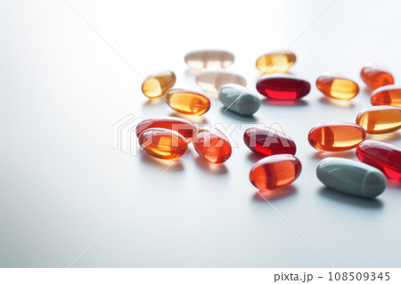 Pile of colorful medical pills on abstract background. Generative AI 108509345