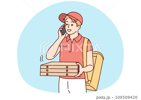 Deliveryman with pizza boxes calling client Deliveryman with pizza boxes calling client 108509420