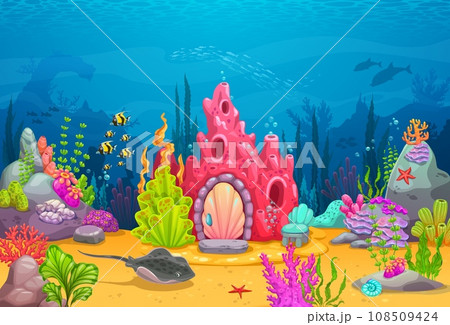 Cartoon underwater landscape with fairytale coral house building, vector undersea background. Fairy mermaid or ocean creature dwelling shelter in coral with dolphins, stingray and starfish 108509424