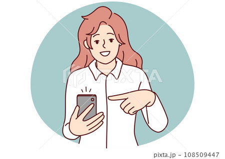 Smiling woman point at mobile notification 108509447
