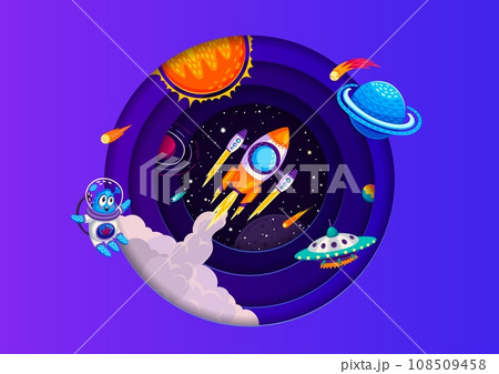 Paper cut banner, cartoon space rocket launch, UFO and alien between planets, vector background. Galaxy universe in cartoon paper cut with spaceship in starry sky and asteroids in cut out layers 108509458