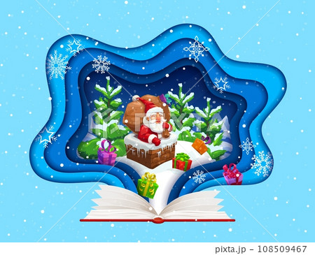 Christmas paper cut greeting card. Fairytale book and Santa on roof. Cartoon vector double exposition 3d xmas holidays frame with funny father noel stuck with gifts bag in cottage chimney at xmas eve 108509467