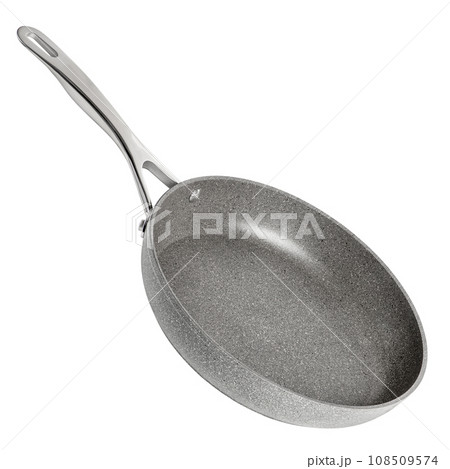 Frying pan with non-stick coating on a white isolated background. New gray frying pan, clipart for inserting into a design or project. Overlay for kitchen theme. Bottom view. Frying pan with non-stick coating on a white isolated background. New gray frying pan, clipart for inserting into a design or project. Overlay for kitchen theme. Bottom view. 108509574