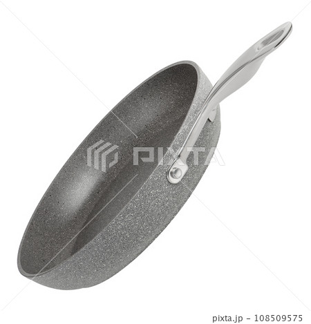 Frying pan with non-stick coating on a white isolated background. New gray frying pan, clipart for inserting into a design or project. Overlay for kitchen theme. Side view. Frying pan with non-stick coating on a white isolated background. New gray frying pan, clipart for inserting into a design or project. Overlay for kitchen theme. Side view. 108509575