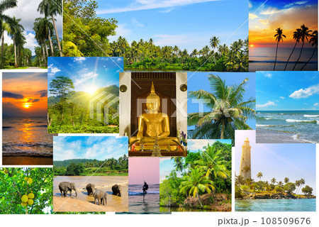 Photo collage of tropical landscapes located in mosaic. Concept - travel. Sri Lanka. Photo collage of tropical landscapes located in mosaic. Concept - travel. Sri Lanka. 108509676