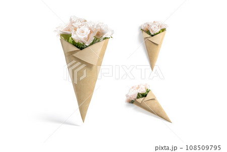 Blank craft flowers packaging cone wrap mockups, 108509795
