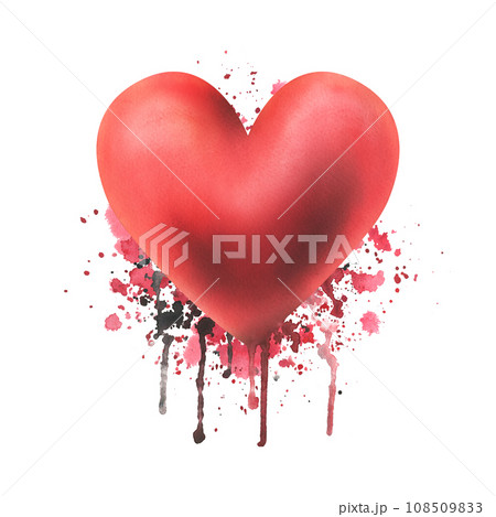 The heart is red and voluminous with spots, splashes and smudges. Hand drawn watercolor illustration. Isolated object on white background for Valentine's day, passionate and love design. 108509833