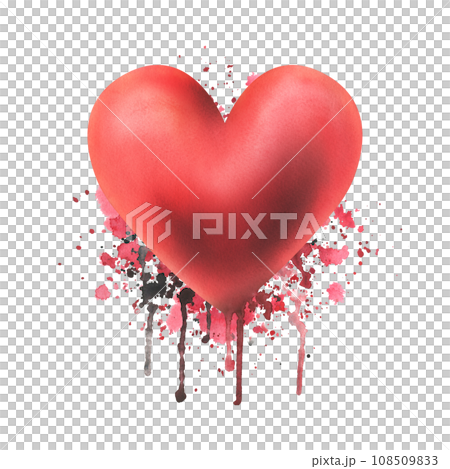 The heart is red and voluminous with spots, splashes and smudges. Hand drawn watercolor illustration. Isolated object on white background for Valentine's day, passionate and love design. 108509833