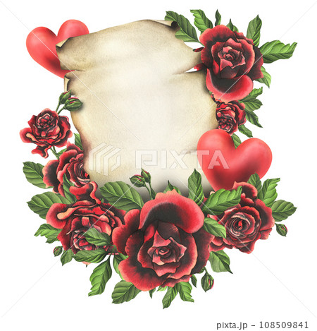 For Valentine's Day, vintage sheet of papyrus paper with red flowers and hearts. Hand drawn watercolor illustration. Composition with space for text on a white background. 108509841