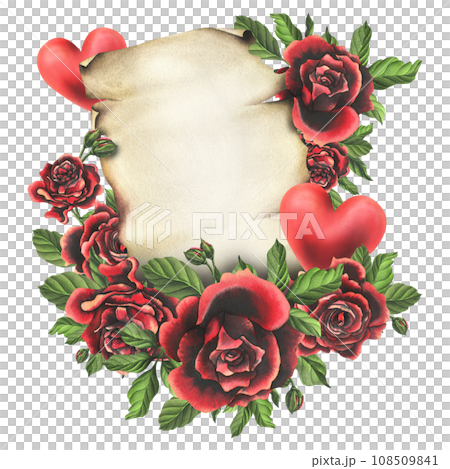 For Valentine's Day, vintage sheet of papyrus paper with red flowers and hearts. Hand drawn watercolor illustration. Composition with space for text on a white background. 108509841