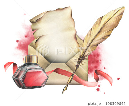 Glass transparent inkwell, red ink jar with gold lid, Gold pen with quill feather, paper and spots ink. Hand drawn watercolor illustration. Premade composition on a white background. 108509843