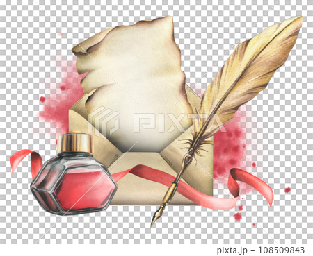 Glass transparent inkwell, red ink jar with gold lid, Gold pen with quill feather, paper and spots ink. Hand drawn watercolor illustration. Premade composition on a white background. 108509843