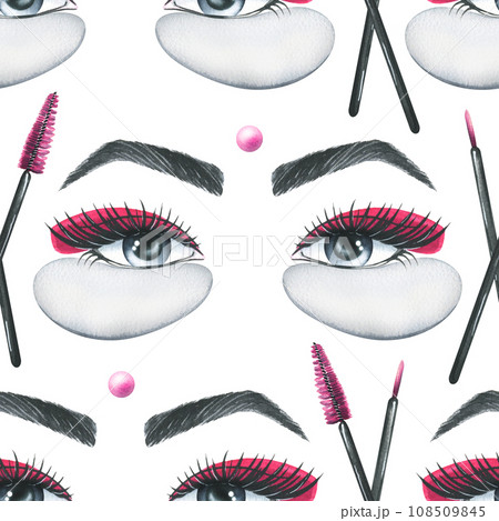 False eyelashes for extensions, tweezers, women's eyes, patches and flowers. Hand drawn watercolor illustration. Seamless pattern on a white background 108509845