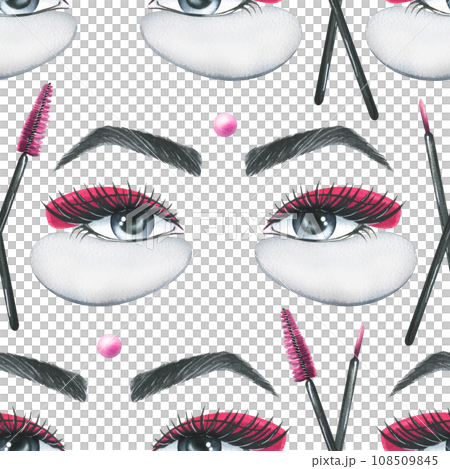 False eyelashes for extensions, tweezers, women's eyes, patches and flowers. Hand drawn watercolor illustration. Seamless pattern on a white background 108509845
