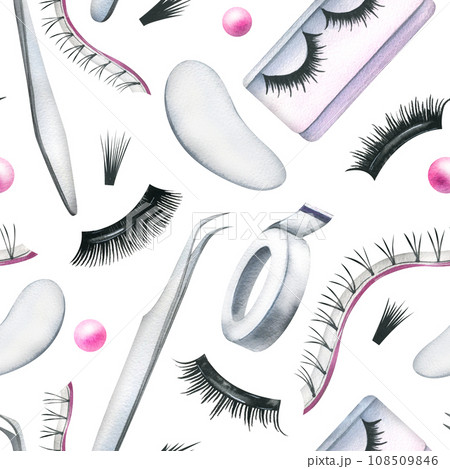 False eyelashes for extensions, tweezers, women's eyes, patches and flowers. Hand drawn watercolor illustration. Seamless pattern on a white background 108509846