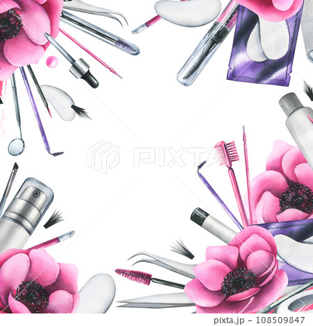 Cosmetics and brushes for eyes and eyebrows, tweezers with pink anemone flowers. Watercolor illustration hand drawn. Frame on a white background. 108509847