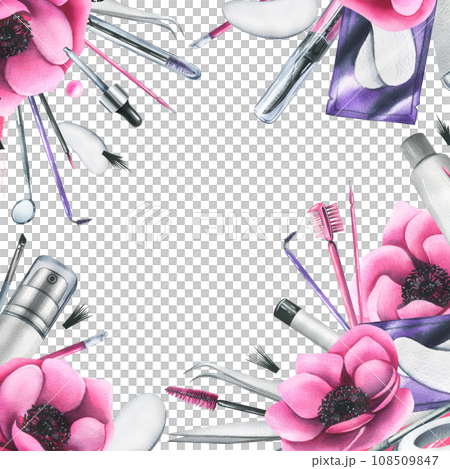Cosmetics and brushes for eyes and eyebrows, tweezers with pink anemone flowers. Watercolor illustration hand drawn. Frame on a white background. 108509847