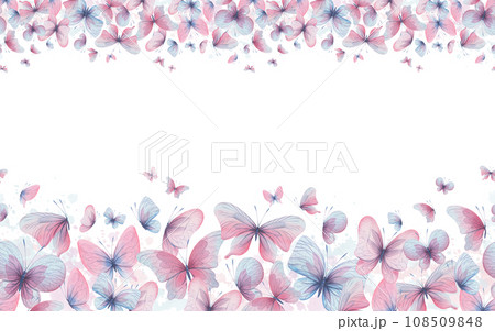 Butterflies are pink, blue, lilac, flying, delicate with wings and splashes of paint. Hand drawn watercolor illustration. Seamless border on a white background, for design. 108509848