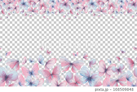 Butterflies are pink, blue, lilac, flying, delicate with wings and splashes of paint. Hand drawn watercolor illustration. Seamless border on a white background, for design. 108509848