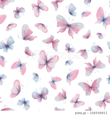 Butterflies are pink, blue, lilac, flying, delicate with wings and splashes of paint. Hand drawn watercolor illustration. Seamless pattern on a white background, for design. 108509851