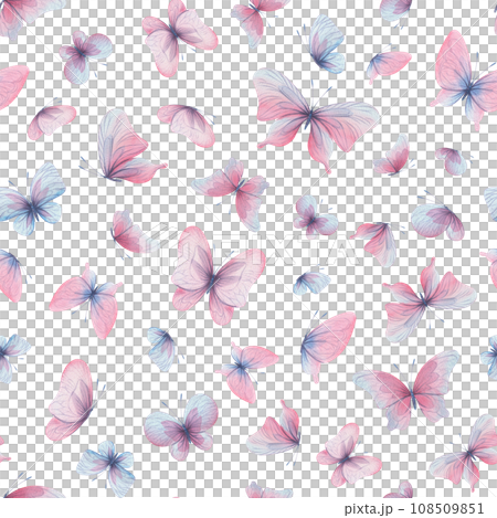 Butterflies are pink, blue, lilac, flying, delicate with wings and splashes of paint. Hand drawn watercolor illustration. Seamless pattern on a white background, for design. 108509851
