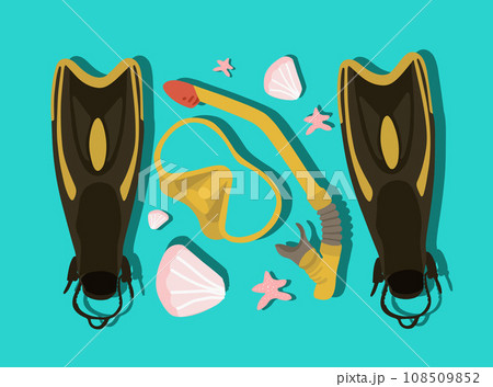Vector isolated illustration of diving set. Vacation at sea. Vacation. Diving courses. Summer time. 108509852