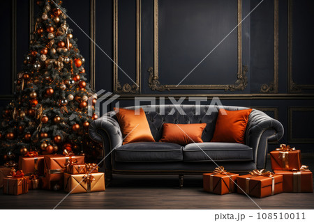 Christmas background with Christmas tree, gifts and sofa against a wall Christmas background with Christmas tree, gifts and sofa against a wall 108510011