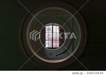 Perspective view of Round Shape Window in a green room at the Victoria and Albert Museum. 108510034