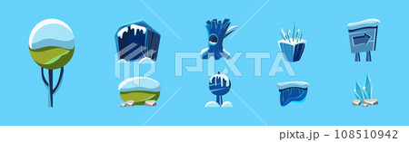 Snow Covered Game Element and Landscape Object Frozen in Winter Vector Set Snow Covered Game Element and Landscape Object Frozen in Winter Vector Set 108510942