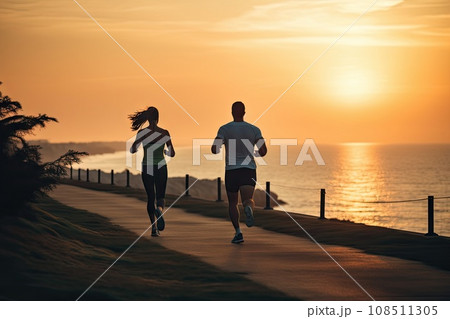 Couple Runners Silhouette, Athlete Running in Morning Dusk at Coast, Generative AI Illustration 108511305