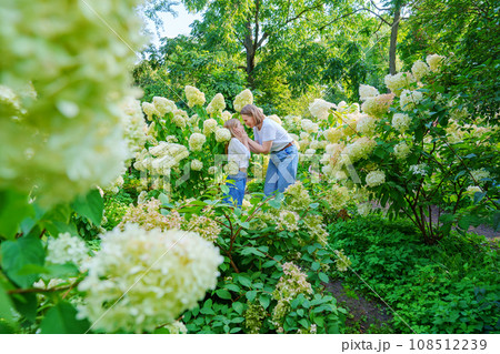 mother and daughter in flowering hydrangea bushes. mother and daughter in flowering hydrangea bushes. 108512239