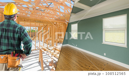 Contractor Facing Before and After Interior of House Wood Construction Framing and Finished Build. Contractor Facing Before and After Interior of House Wood Construction Framing and Finished Build. 108512565