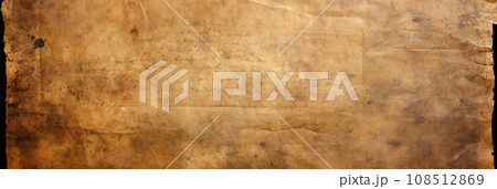 Vintage torn paper texture background, old page from rare book with worn text. Dirty crumpled ancient parchment. Theme of antique, grunge, medieval manuscript, history, journal, banner 108512869