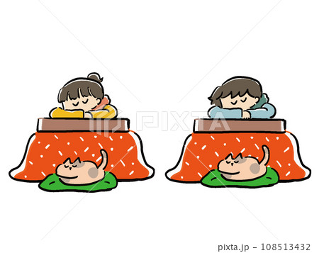 こたつで眠る猫と女性と男性のイラストセット(机の上) こたつで眠る猫と女性と男性のイラストセット(机の上) 108513432
