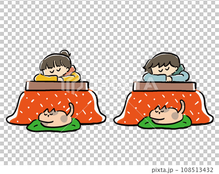 こたつで眠る猫と女性と男性のイラストセット(机の上) こたつで眠る猫と女性と男性のイラストセット(机の上) 108513432