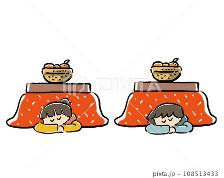 こたつで眠る女性と男性のイラストセット 108513433