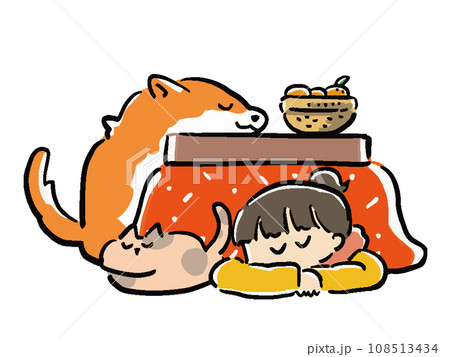 こたつでくつろぐ女性と犬と猫のイラスト 108513434