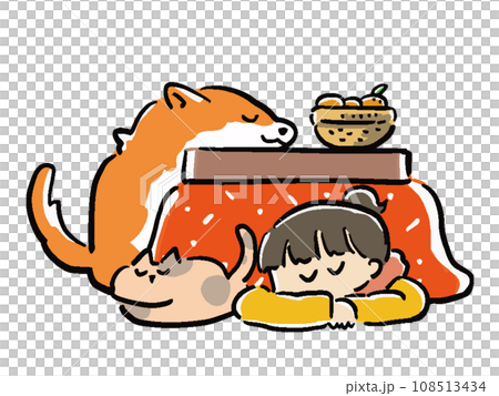 こたつでくつろぐ女性と犬と猫のイラスト 108513434