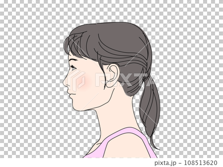 女性の横顔アップ 若い日本人女性の顔 横向き 黒髪 アップヘア 束ねた髪 108513620