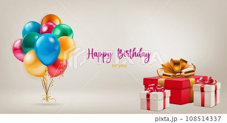 Festive birthday illustration with balloons and gift boxes Festive birthday illustration with balloons and gift boxes 108514337