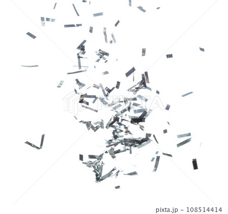 Silver Confetti Foil fall splashing in air. Silver Confetti Foil explosion flying, abstract cloud fly. Many Party glitter scatter in many group. White background isolated high speed shutter freeze 108514414