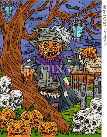 Halloween Scarecrow Standing Tree Colored Cartoon Halloween Scarecrow Standing Tree Colored Cartoon 108514496