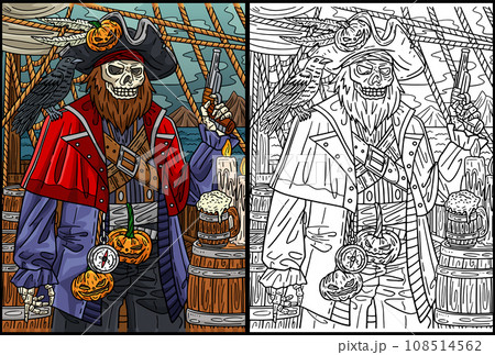 Halloween Skeleton Pirate Coloring Illustration 108514562
