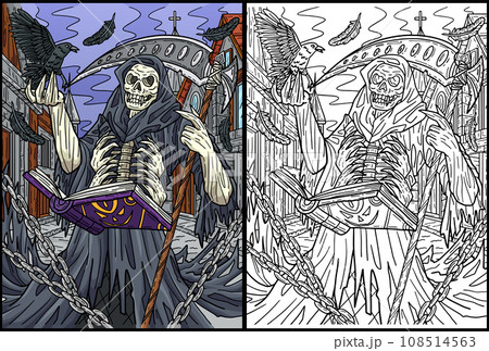Halloween Grim Reaper Coloring Page Illustration 108514563