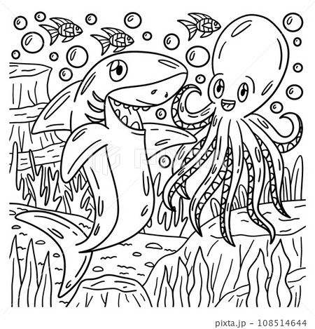 Shark and Octopus Coloring Page for Kids 108514644