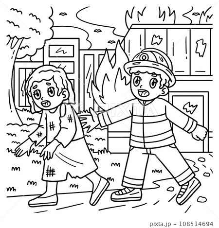 Firefighter Escorting Survivor Coloring Page 108514694
